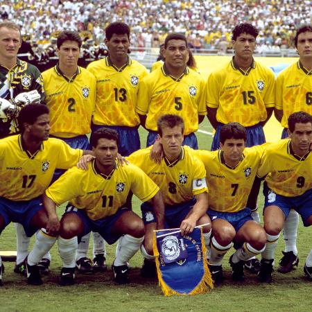 Seleção brasileira em 1994: Taffarel, Jorginho, Aldair, Mauro Silva, Marcio Santos, Branco; Mazinho, Romario, Dunga, Bebeto, Zinho - Peter Robinson - EMPICS/PA Images via Getty Images