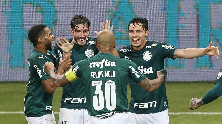 Jogadores do Palmeiras comemoram gol contra o Bolívar (BOL) - Cesar Greco