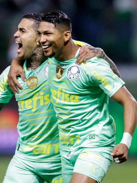 Dudu, do Palmeiras, comemora com Rony seu gol contra o Avaí pelo Brasileirão - Alexandre Schneider/Getty Images