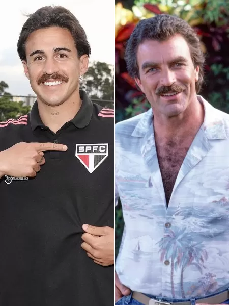 Gabriel Neves e Tom Selleck, galã da série "Magnum", dos anos 1980 - Rubens Chiri/São Paulo FC - CBS via Getty Images - Rubens Chiri/São Paulo FC - CBS via Getty Images