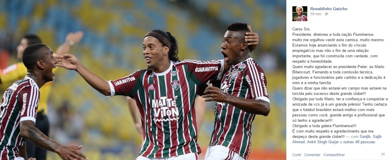 Ronaldinho Gaúcho agradece ao Fluminense depois de deixar o clube