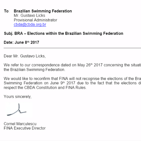 Em documento, Fina confirma não reconhecer eleições da CBDA - Reprodução