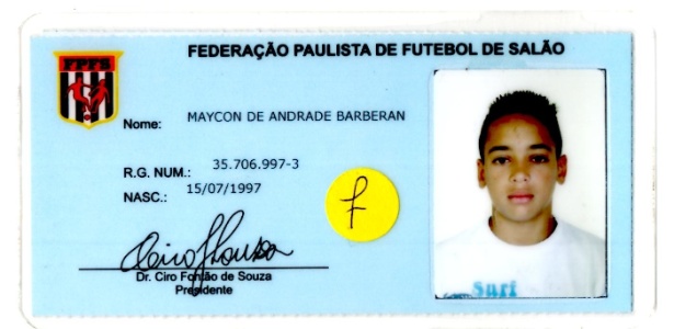 Carteirinha de Maycon, hoje no Corinthians, na Federação Paulista de Futebol de Salão - Arquivo/Colégio São José do Maranhão - Arquivo/Colégio São José do Maranhão