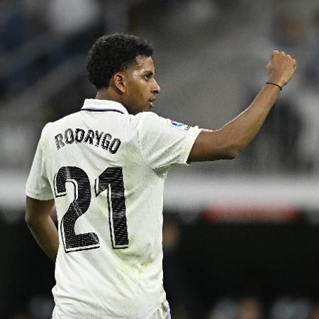 Rodrygo, do Real Madrid, comemora gol contra o Rayo Vallecano pelo Campeonato Espanhol - Burak Akbulut/Anadolu Agency via Getty Images