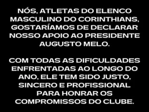 Corinthians: jogadores se manifestam contra impeachment de Augusto