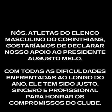 Atletas do Corinthians publicam nota em apoio a Augusto Melo