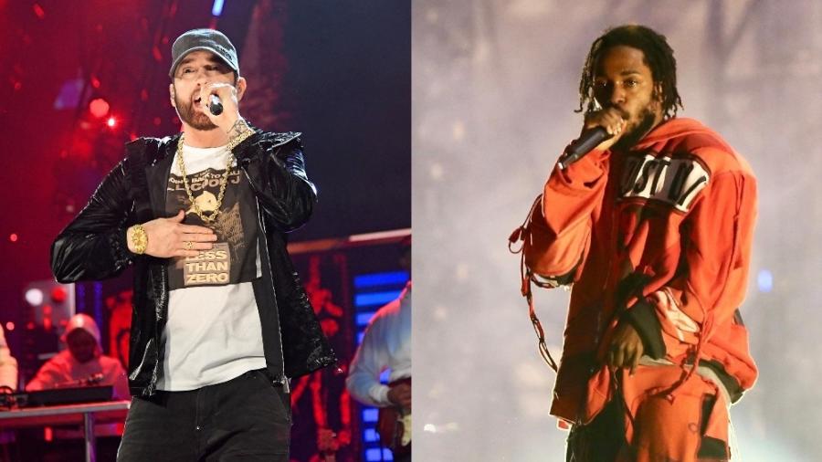 Eminem e Kendrick Lamar são duas das estrelas que vão cantar no show do intervalo - Kevin Mazur/Getty Images for The Rock and Roll Hall of Fame e Manuela Scarpa/Brazil News