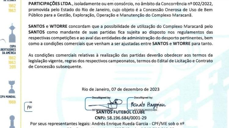 Trecho do contrato entre Santos e WTorre sobre o Maracanã