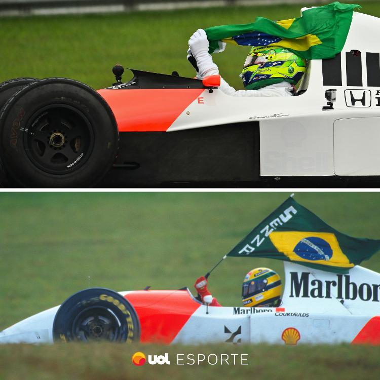 Lewis Hamilton (acima) pilota mesmo carro icônico da McLaren de Ayrton Senna (abaixo)