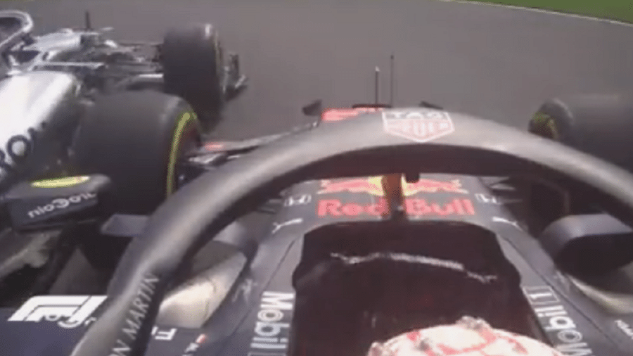 Visão do carro de Verstappen mostra toque do holandês com Hamilton no GP do México de 2019 - Reprodução/Twitter