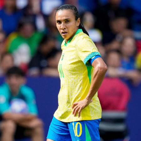 Marta, da seleção brasileira, em jogo contra o Japão pelas Olimpíadas de Paris 2024