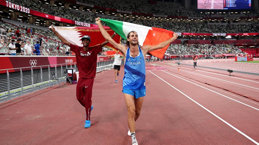 Mutaz Essa Barshim, do Catar, e  Gianmarco Tamberi, da Itália, compartilharam medalha de ouro no salto em altura - Christian Petersen/Getty Images