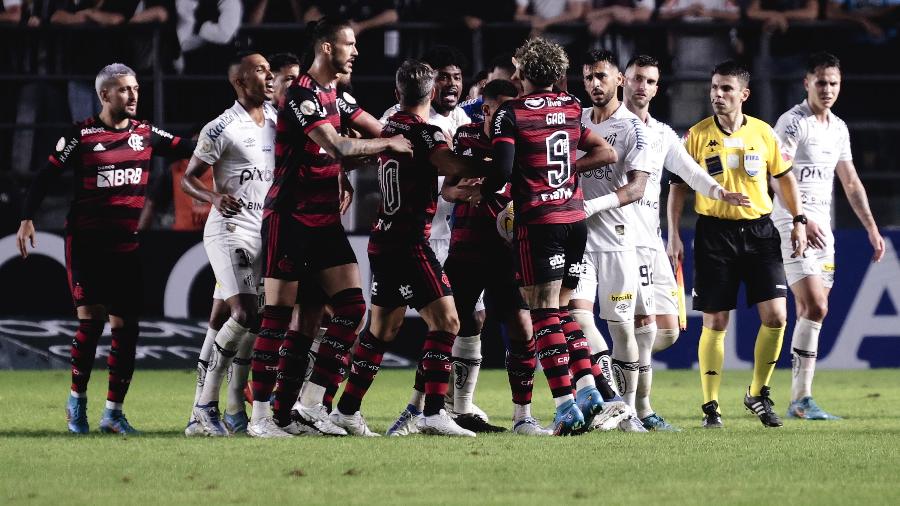 Confusão no jogo entre Santos e Flamengo pelo Brasileirão -  Ettore Chiereguini/AGIF