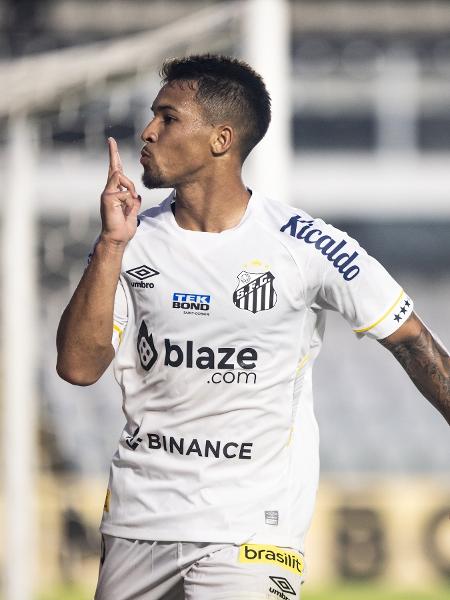 Marcos Leonardo, do Santos, comemora seu gol no jogo contra o Botafogo, pela 16ª rodada do Brasileirão