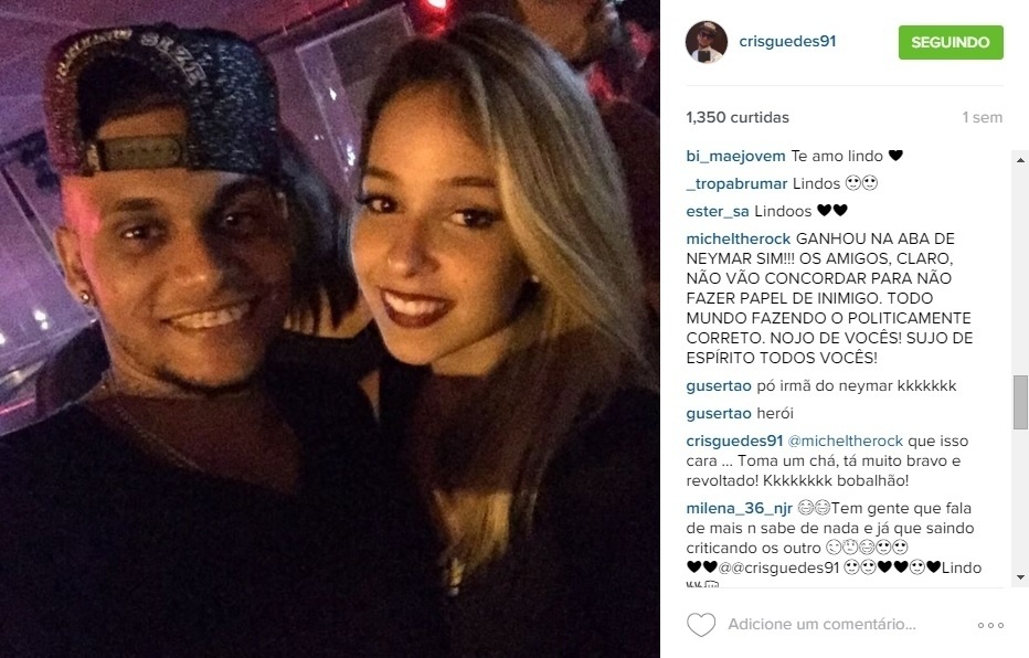 Bianca Coimbra namora um dos "parças" do Neymar, o empresário Cristian Guedes. Ele discutiu com seguidores após eleição da jovem