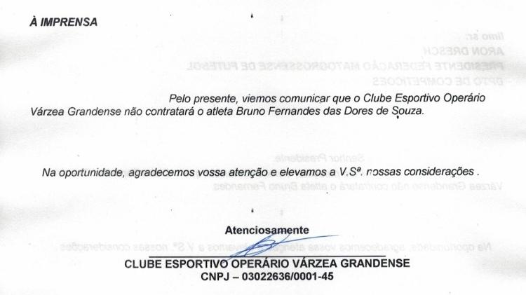 Comunicado do Operário-MT sobre o recuo na contratação do goleiro Bruno - Divulgação