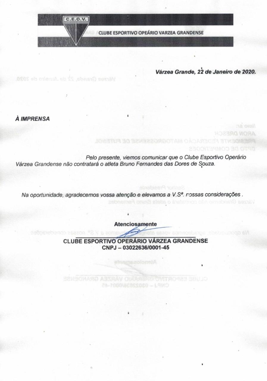 Comunicado do Operário-MT sobre o recuo na contratação do goleiro Bruno - undefined