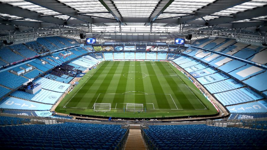 Vista do campo do Manchester City; clube lidera a competição e pode receber torcedores já com o título garantido - Jan Kruger - UEFA/UEFA via Getty Images