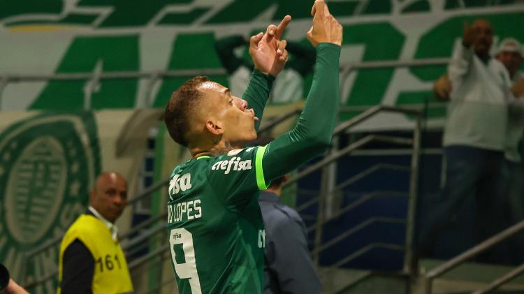 Breno Lopes mostra dedo do meio para a torcida após marcar o gol da vitória do Palmeiras contra o Goiás, pelo Brasileirão