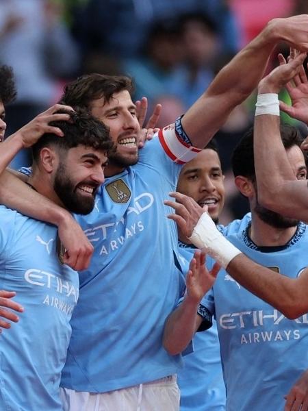 Manchestr City comemora gol de Gvardiol sobre o Nottingham Forest na semifinal da FA Cup Manchestr City comemora gol de Gvardiol sobre o Nottingham Forest na semifinal da FA Cup