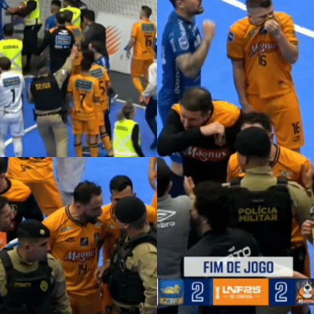 Confusão generalizada durante a partida entre Pato Branco e Magnus pela Liga Nacional de Futsal. Confusão generalizada durante a partida entre Pato Branco e Magnus pela Liga Nacional de Futsal.