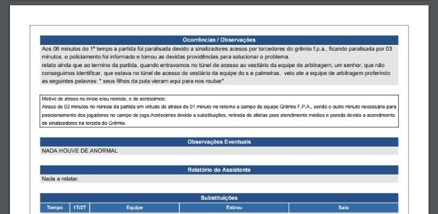 Súmula registra uso de sinalizadores em torcida do Grêmio - Reprodução