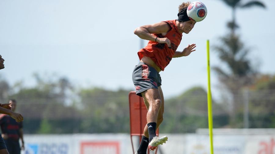 David Luiz cabeceia a bola em treino do Flamengo, no Ninho do Urubu - Marcelo Cortes/Flamengo