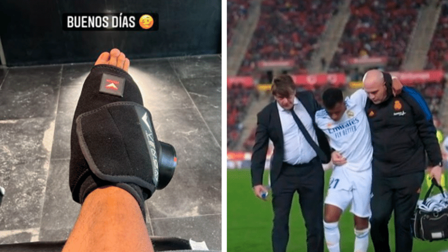 Rodrygo exibiu seu pé direito imobilizado após entrada sofrida em partida do Real Madrid - Montagem/UOL Esporte