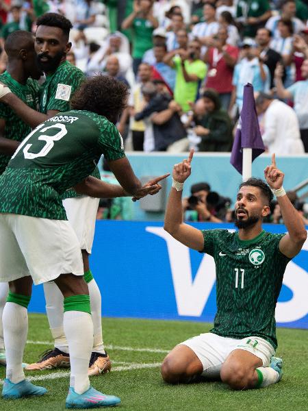 Al-Shehri, da Arábia Saudita, comemora gol contra a Argentina pela Copa do Mundo - Visionhaus/Getty Images