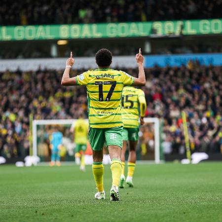 Gabriel Sara comemora gol pelo Norwich: sonho da Premier continua