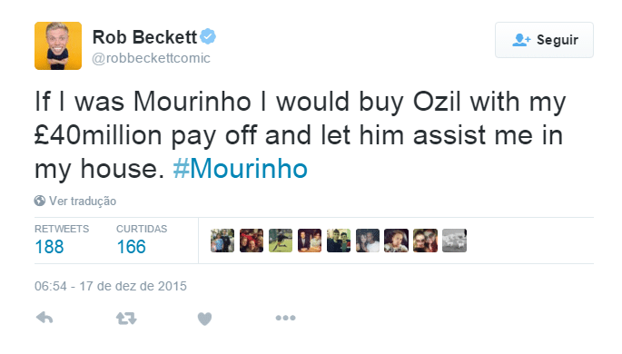 O humorista britânico Rob Beckett usou Özil, meio-campista do rival Arsenal que se destaca com passes para gol, para a zoeira