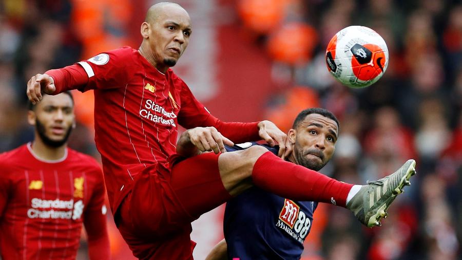 Fabinho, durante partida entre Liverpool e Bournemouth - Phil Noble/Reuters