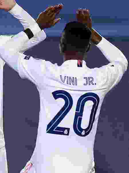 Vini Jr comemora gol do Real Madrid pela Liga dos Campeões na temporada 2020/21 - Getty Images - Getty Images