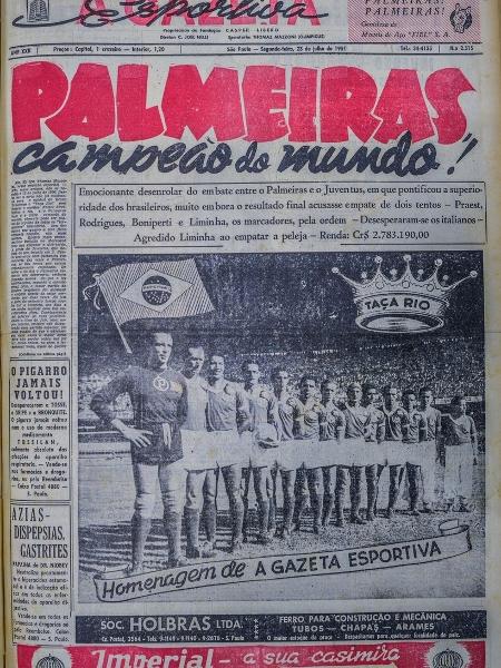 Capa de "A Gazeta Esportiva" noticia o título mundial do Palmeiras em 1951 - Reprodução
