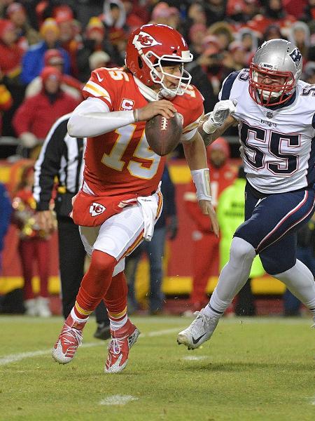 Patrick Mahomes, durante partida entre Kansas City Chiefs e New England Patriots - Denny Medley-USA TODAY Sports