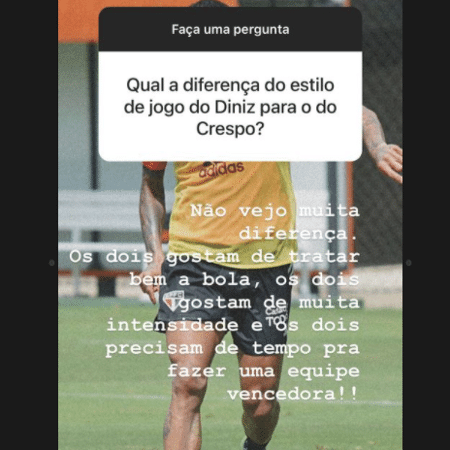 Daniel Alves comparou o estilo de jogo de Diniz e de Crespo - Reprodução/Instagram