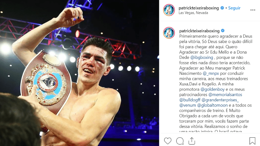 Patrick Teixeira celebra conquista do cinturão interino dos super meio-médios da Organização Mundial de Boxe - Reprodução/Instagram