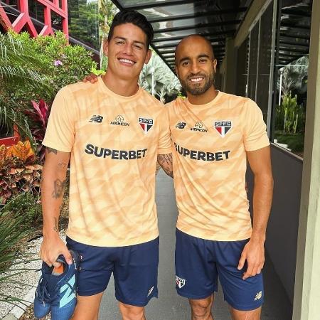 James Rodríguez e Lucas Moura durante treino do São Paulo - Reprodução/Instagram/Lucas Moura