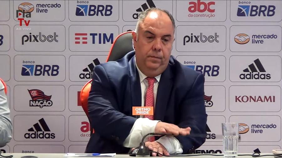 Marcos Braz, vice-presidente de futebol do Flamengo, em coletiva de imprensa - Reprodução