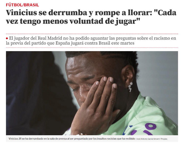 Manchete do jornal Sport sobre o choro de Vinicius Jr