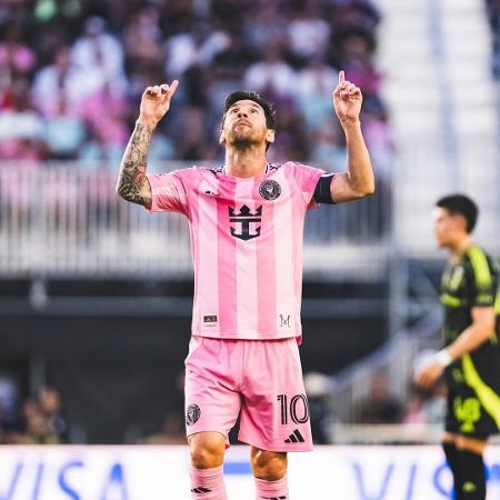 Messi, jogador do Inter Miami, comemora gol marcado. Messi, jogador do Inter Miami, comemora gol marcado.