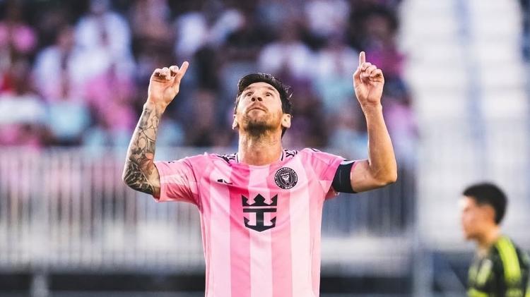 Messi, jogador do Inter Miami, comemora gol marcado. Messi, jogador do Inter Miami, comemora gol marcado.