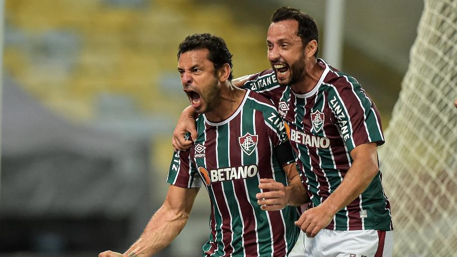 Fred e Nenê comemoram gol do Fluminense contra o Cerro Porteño pela Libertadores - Thiago Ribeiro/AGIF