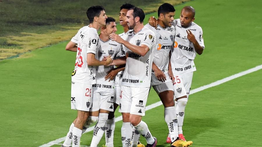 Jogadores do Atlético-MG comemoram gol marcado contra o Tolima, em jogo válido pela Libertadores - Daniel Munoz / AFP