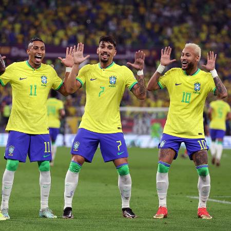Vini Jr, Raphinha, Paquetá e Neymar fazem comemoração de gol na Copa-2022 Vini Jr, Raphinha, Paquetá e Neymar fazem comemoração de gol na Copa-2022