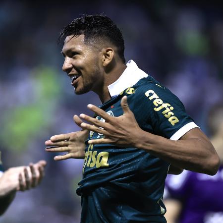 Rony comemora seu gol pelo Palmeiras contra o Botafogo-SP no Campeonato Paulista
