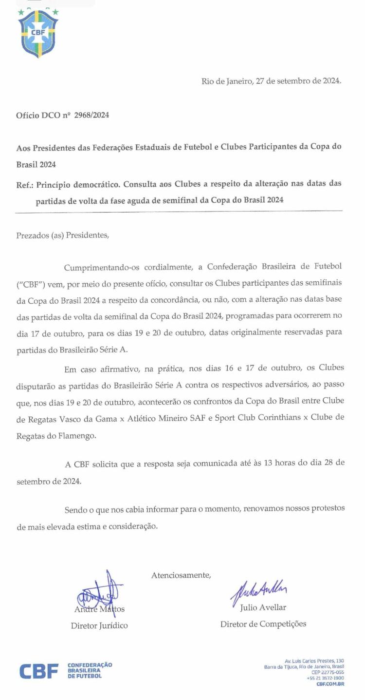 Documento que CBF enviou antes de trocar as rodadas. A imagem é uma montagem com duas partes do mesmo documento