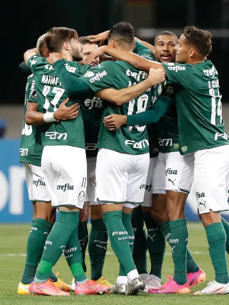 Jogadores do Palmeiras comemoram gol de Zé Rafael contra o Defensa y Justicia na Libertadores - Andre Penner - Pool/Getty Images