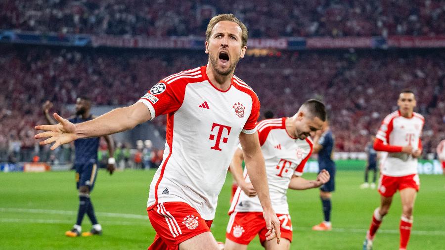 30.abr.2024 - Harry Kane comemora gol do Bayern de Munique diante do Real Madrid na Liga dos Campeões - Kevin Voigt/Getty Images