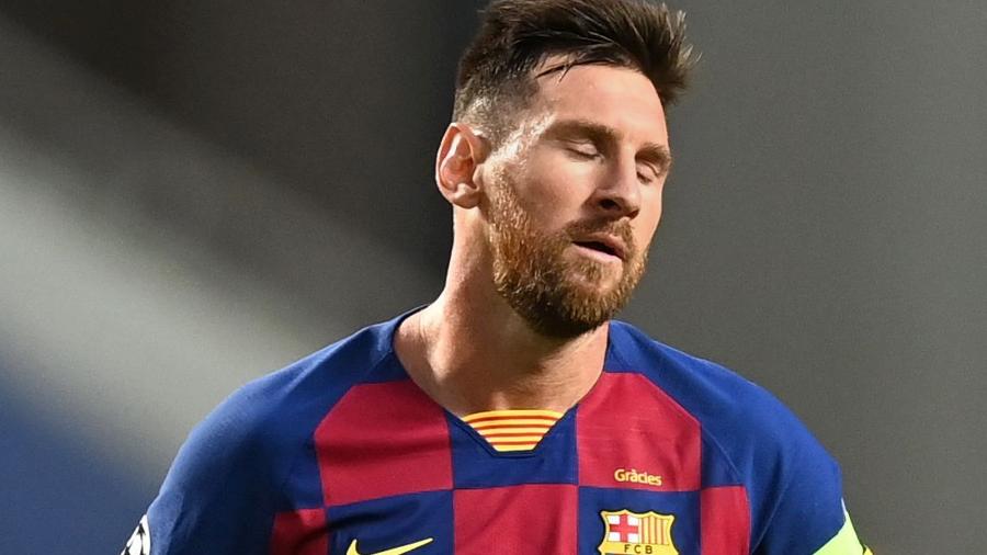 Lionel Messi lamenta um dos gols sofridos pelo Bayern contra o Barcelona, em jogo da Liga dos Campeões - Michael Regan - UEFA